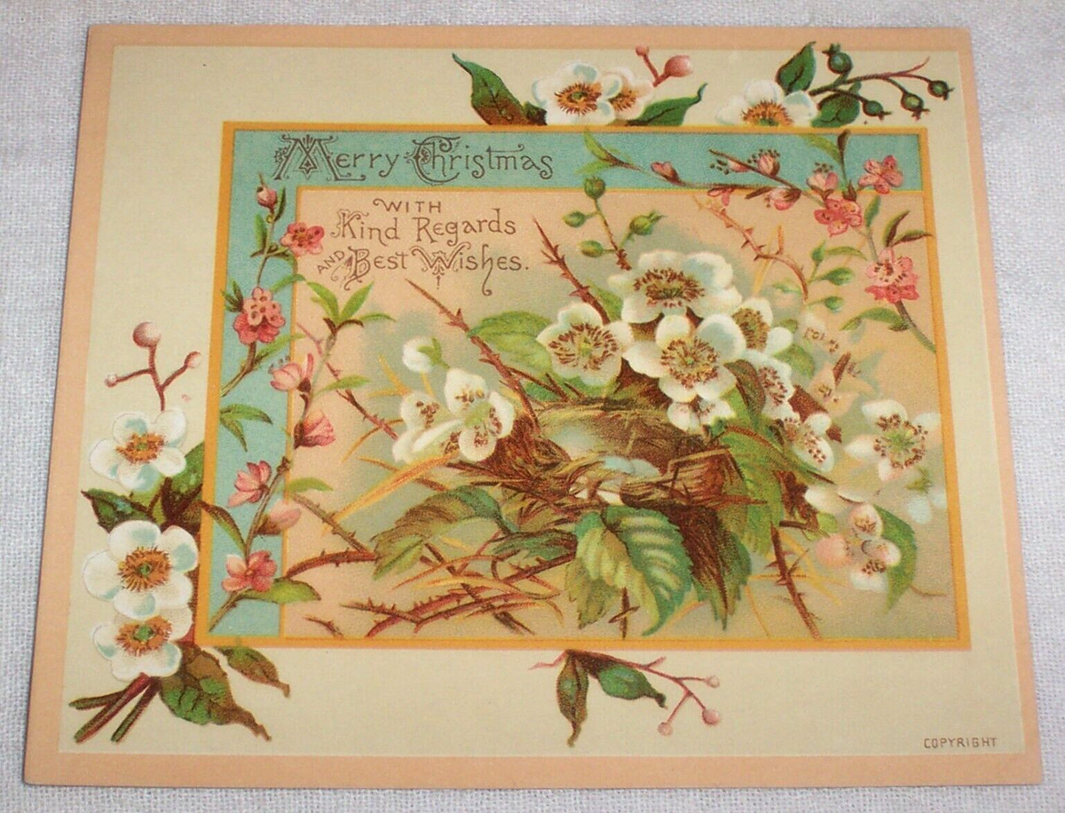 Merry Christmas , Antique Victorian Lithograph Card Flower