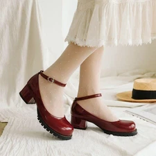 Womens Patent Leather Pumps Chunky Heel Ankle Strap Shoes Mary Jane 34-46