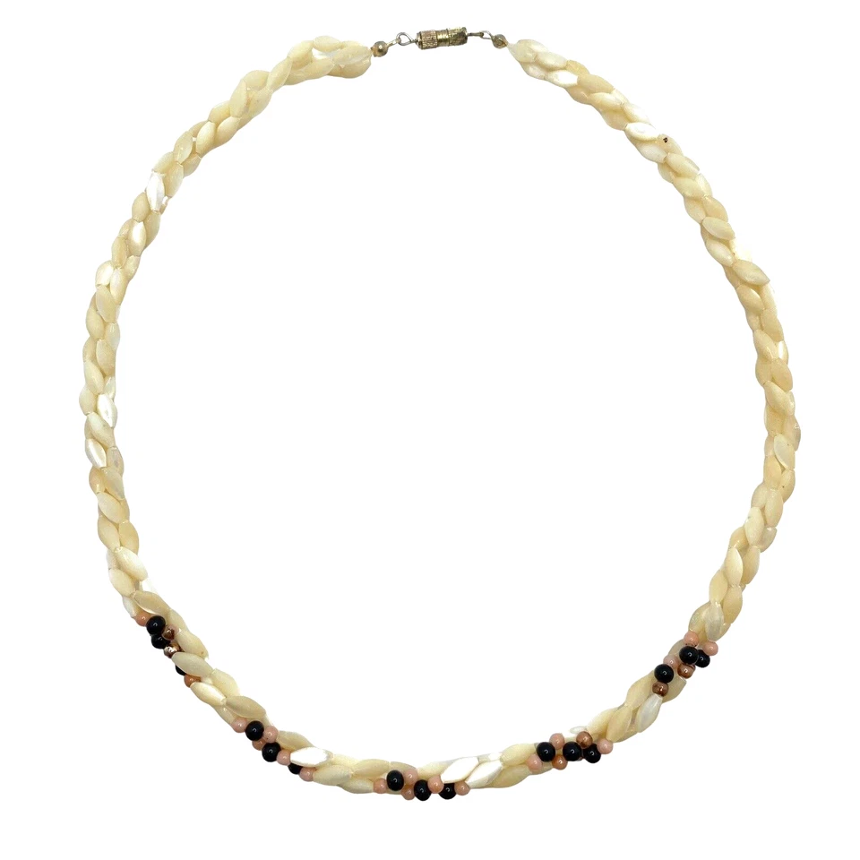 Mother of Pearl Twist Necklace Vintage Obsidian Beaded Multi Strand Choker 17in - Image 4 of 4