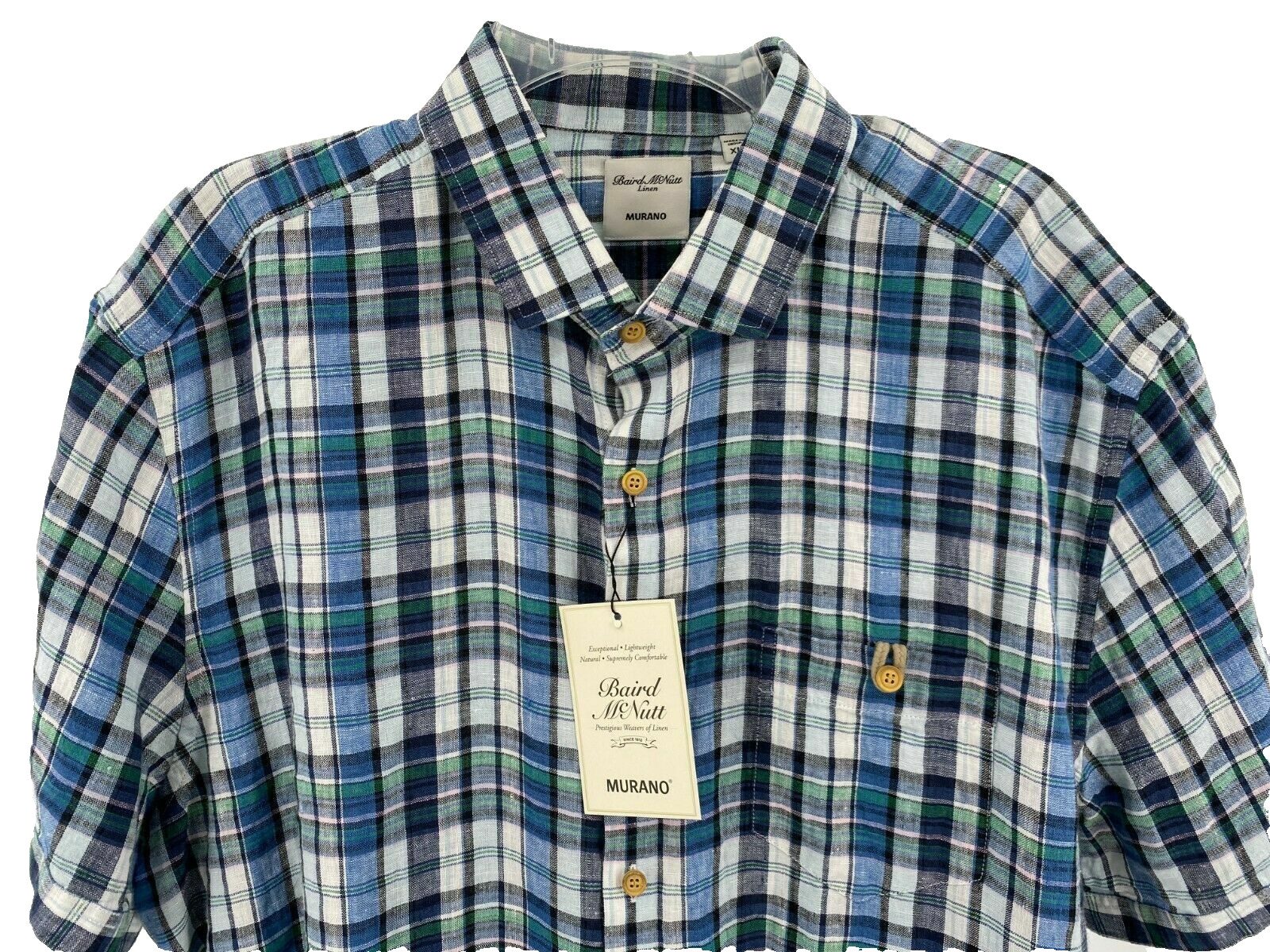 79 Льняная рубашка на пуговицах из муранского льна Baird McNutt в клетку с коротким рукавом синяя XL 5290₽