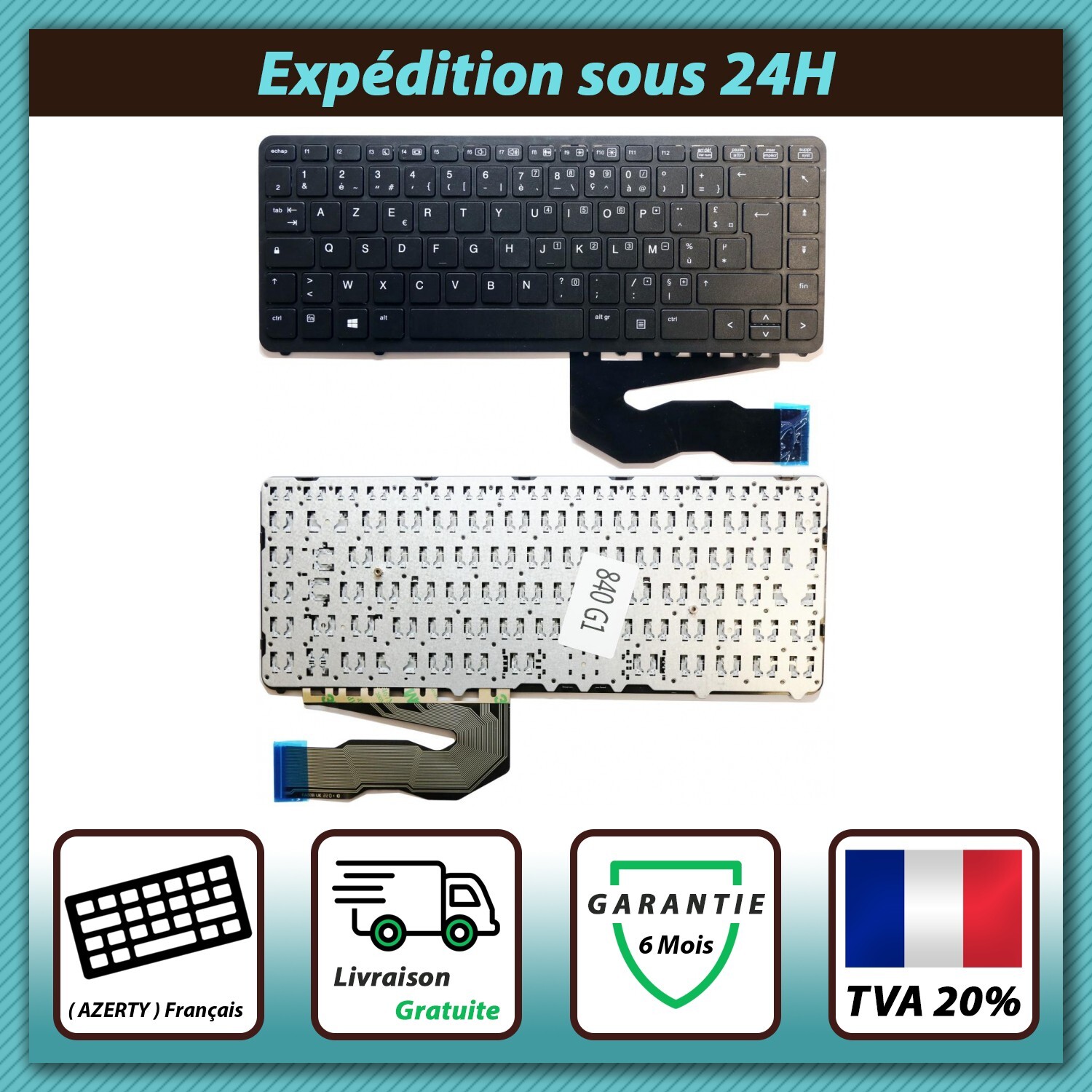 Clavier AZERTY HP EliteBook 745 G1 740 G2 840 G1 cadre noir