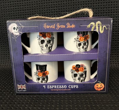 Harvest Green Studio - Fine China Sugar Skull Floral Expresso Cup Set Of 4