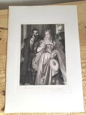 BENEDICK & BEATRICE BY HUGUES MERLE.17" x 11.5 VTG ENGRAVING PRINT*S2