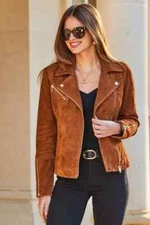 Women's Brown Suede Leather Motorcycle Jacket – Sizes S to 3XL –Custom Made Coat