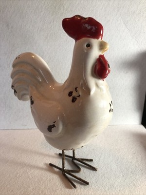 Cute Country Crackle Ceramic Rooster with Metal Feet Farm Decor