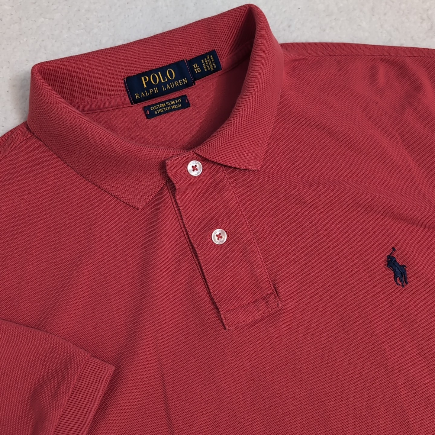 PONY Polo Ralph Lauren Uomo XL Rosa Rosso Slim Fit Maglia Elasticizzata