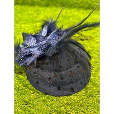 Navy Blue Floral Feather Fascinator Hair Clip w/ Polka Dot Veil Birdcage Netting
