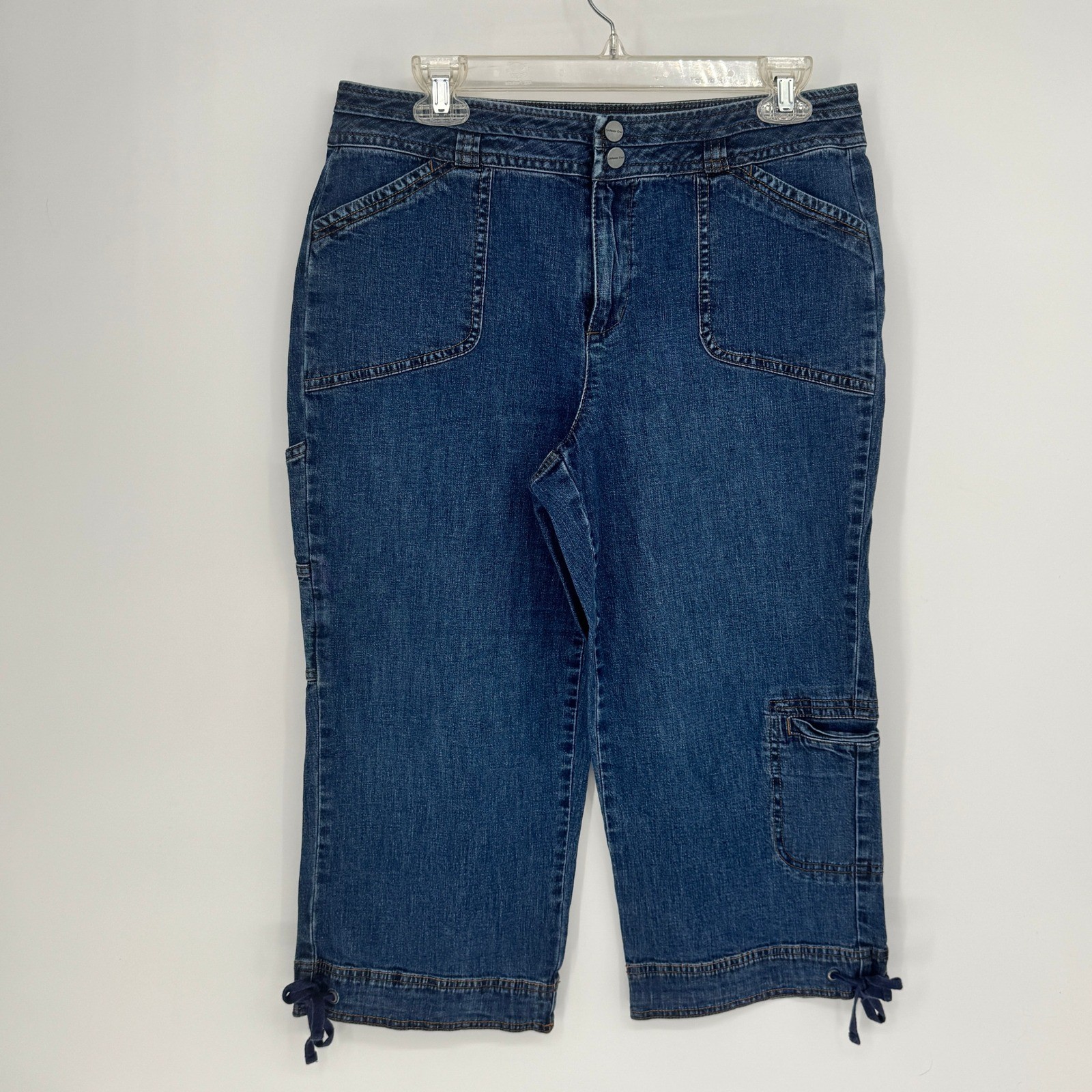 Coldwater Creek Womens Blue Denim Cargo Capri Jeans Size 8 Cropped Leg Tie