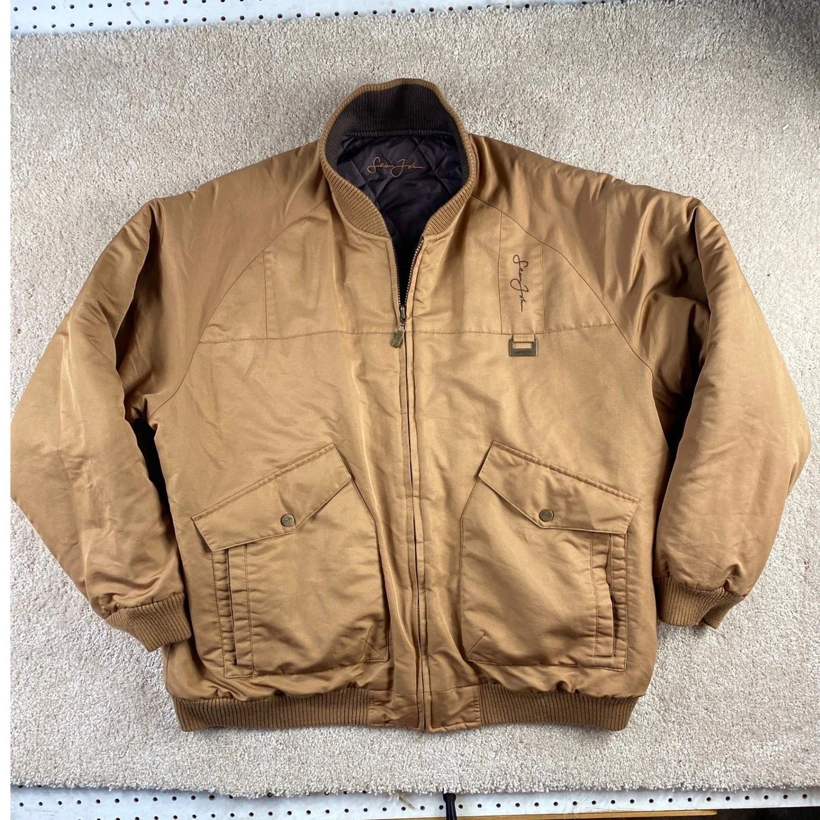 Sean John Reversible Bomber Jacket Mens XL Tan Brown Quilted Streetwear Puffer