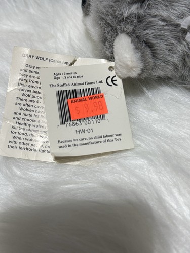 Vintage Stuffed Animal House Wolf Plush Gray White Howling Toy 7” with Tags - Picture 9 of 9