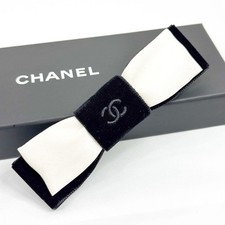 CHANEL 24B CC Logo Ribbon Barrette Velvet Satin Black White Hair Accessory Italy
