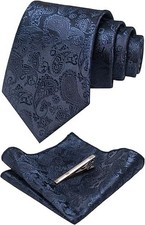 Mens Solid Color Paisley Necktie and Pocket Square with Tie Clip Sets Teal
