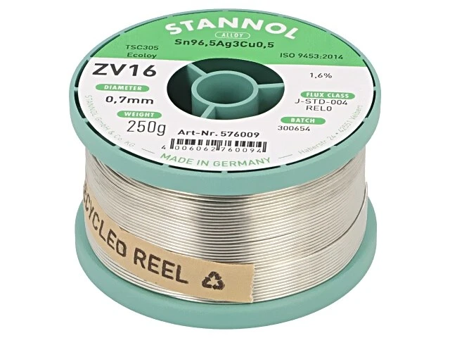 576009 Zinn bleifrei Sn96,5Ag3Cu0,5 0,7mm 250g Spule 1,6% ZV16 STANNOL - Bild 1 von 1