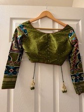 Olive Green Ikat Print Lehenga Skirt Beaded Blouse Elephant Border Set