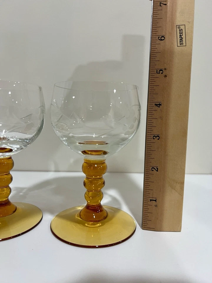 "Copas de vino de colección German Roemer 4"" ámbar con vástago de burbuja grabado vid de uva 4 piezas" Foto 3 de 4