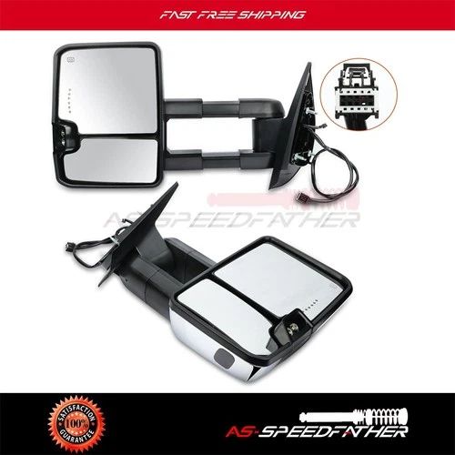 Chrome Side Tow Mirrors For 07-14 Sierra Power Heated Clearance Signal Pair