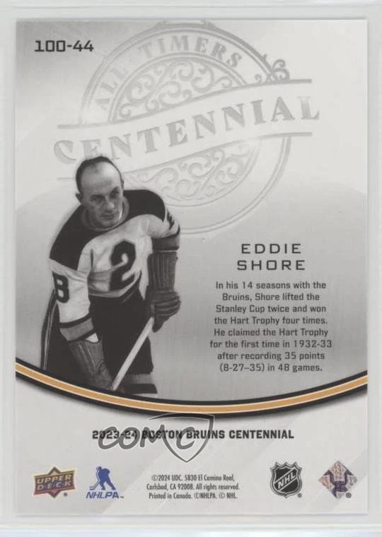 2023-24 Upper Deck Boston Bruins Centennial All-Timers SP Gold Eddie Shore HOF - Image 2 of 2