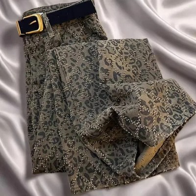 Fashionable American High Street Leopard Print Denim Pants Women's New Autumn Wi