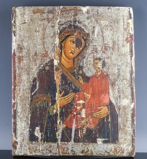 ANTIQUE 19thC RUSSIAN RELIGIOUS ICON MOTHER & CHILD PAINTING ON WOOD PANEL #3