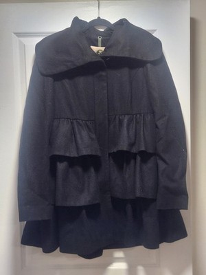 Velvet Heart Black Ruffled Peacoat Women Large Tiered Wool Blend Steampunk Goth''