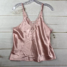 VTG Kathryn Camisole Sz M Pink Satin Crochet Trim Lingerie Adjustable V Neck