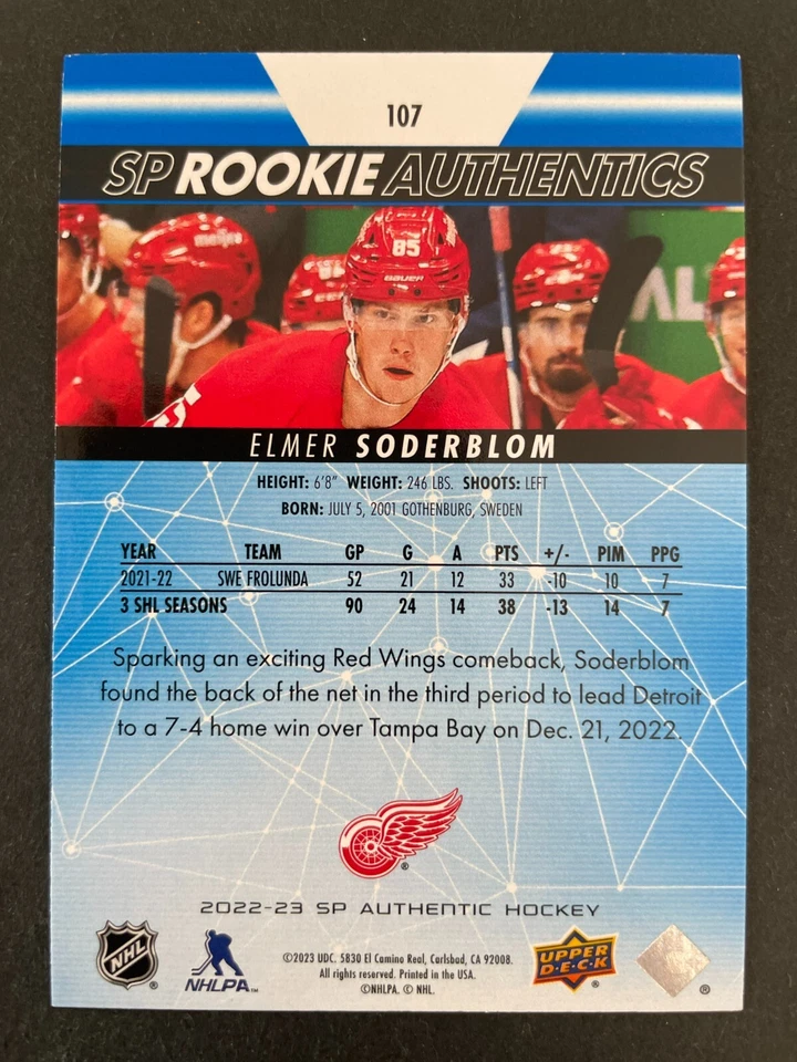 Elmer SODERBLOM RC 2022-23 Upper Deck SP Rookie Authentic Blue Parallel #107 - Image 2 of 2