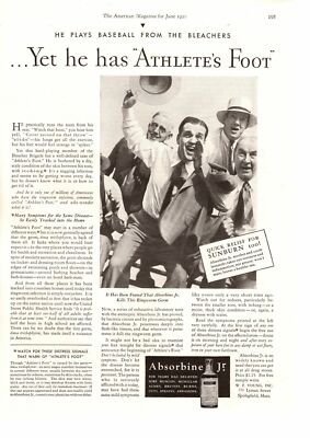 1930 Absorbine Jr. For Athlete's Foot Ringworm Sunburn Baseball Fan Print Ad