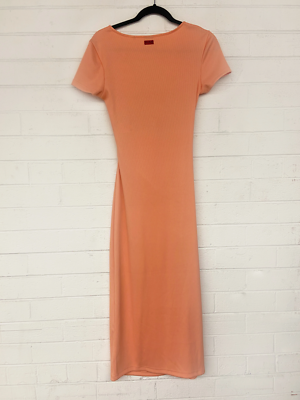 open lace back dress HUGO BOSS ORANGE PRINT DRAWSTRING WAIST SHORT SLEEVE SHIFT DRESS SIZE   Whispers Dress Agency