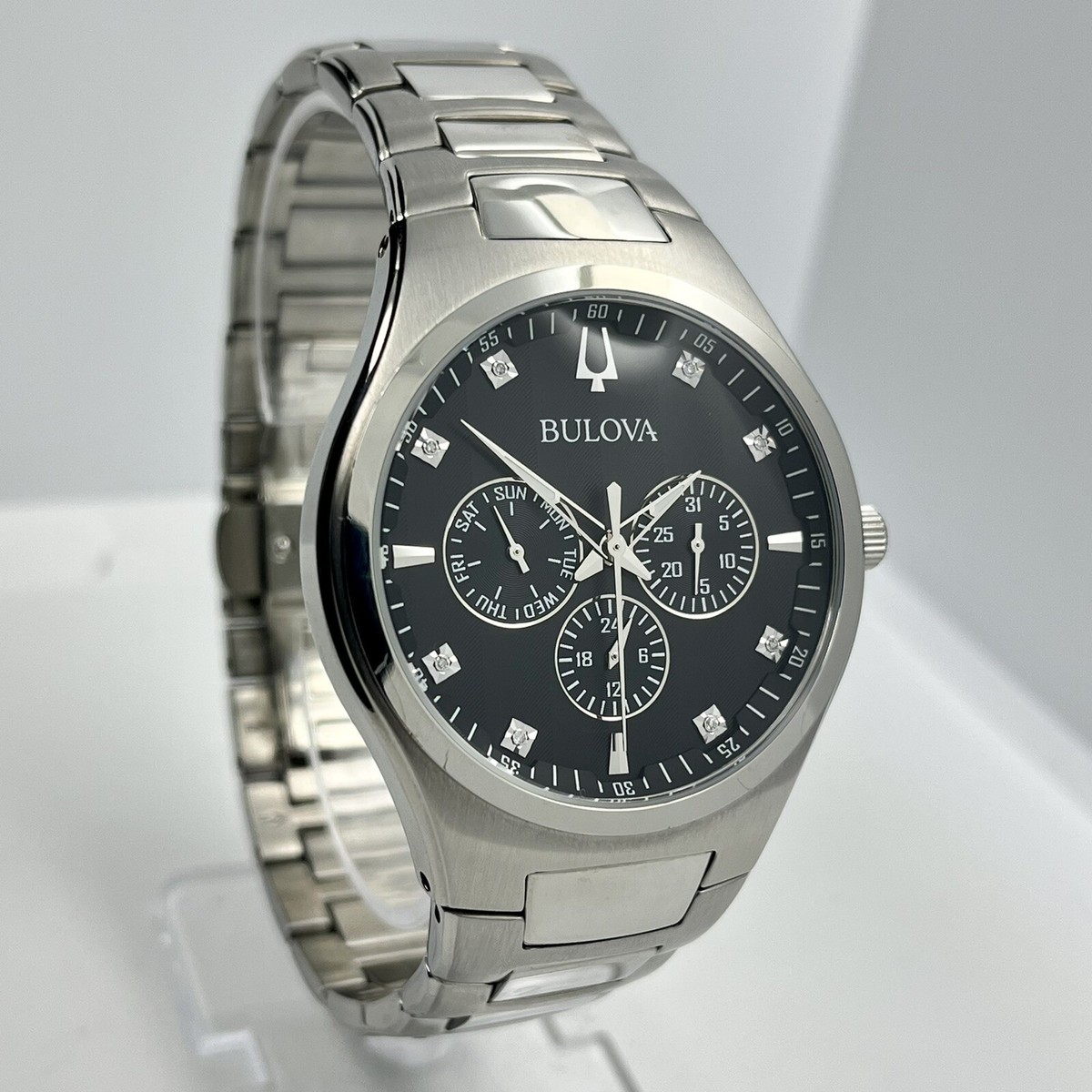 bulova 腕時計 Bulova Diamond Mens Silver Stainless Steel Black Dial 42mm Day