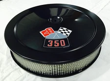 Chevy 350 AIR CLEANER BLACK 14" Fits Double Pumper Carbs WHITE FILTER 350 Decal