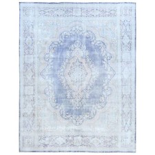 10' x 13' Blue Hand Knotted Worn Wool Distressed Old Farsian Karman Rug R81253