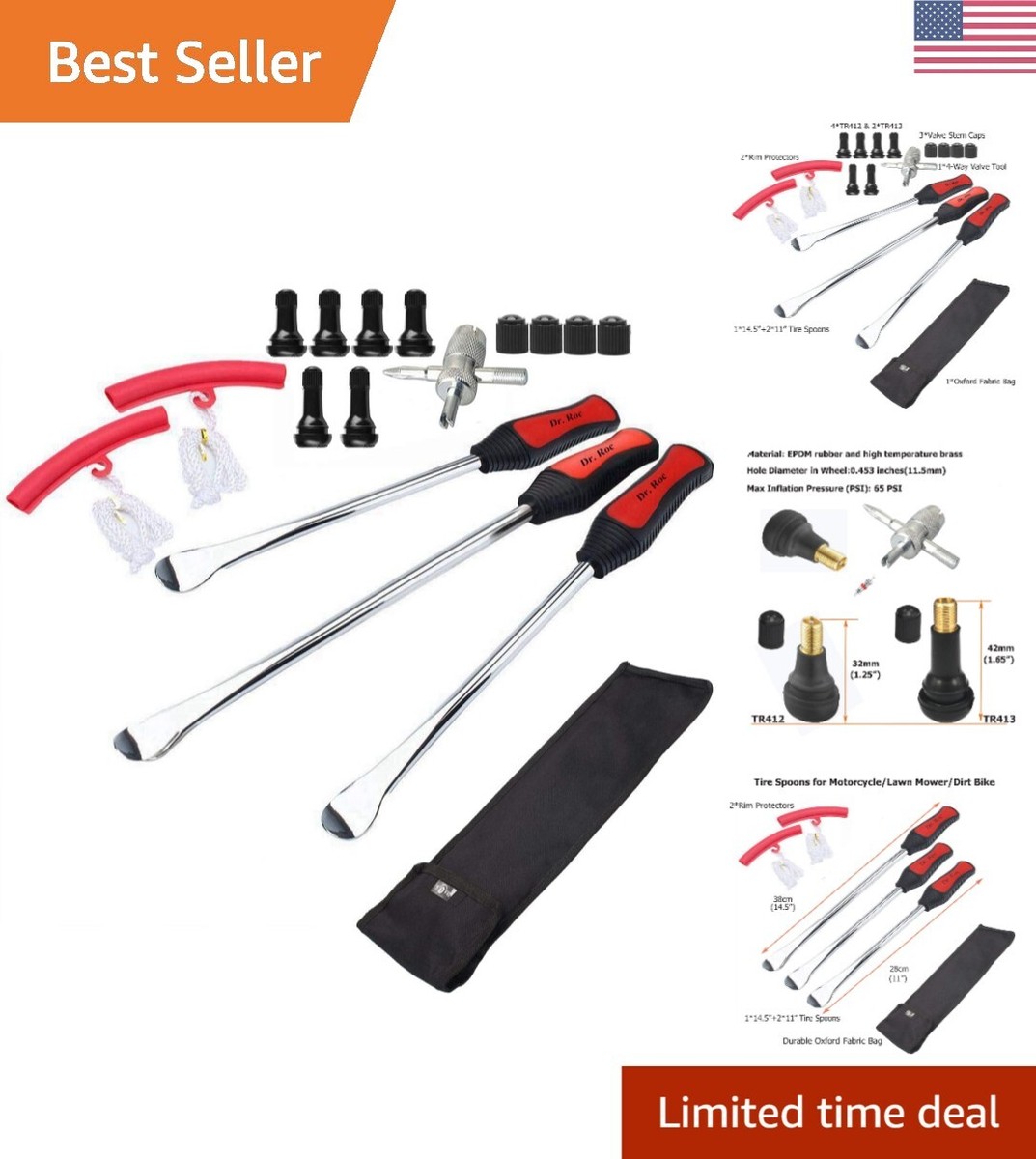 Tire Spoons & Valve Tool Set - Steel Tire Levers With Rim Protector, 4-Way Valve Tool, Cores, Caps For Motorcycle, Bike, Car