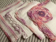Lot 4 Fancy PINK Lavender Vintage Cotton Linen Handkerchiefs HAND Crochet Lace