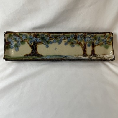 Janet Resnik Signed Studio Pottery Tray Blue Floral Handmade Art Dish 13.25 