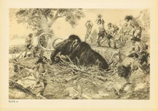 1960 CAVEMAN HUNTING MAMMOTH Print - Prehistoric - Paleoart - 13.5 x 9.75 Inches