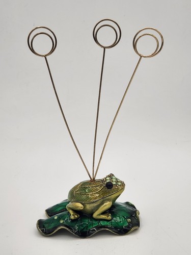 Enamel & Rhinestone Green Gold Frog On Lily Pad 3 Clip Card Photo Holder Jeweled