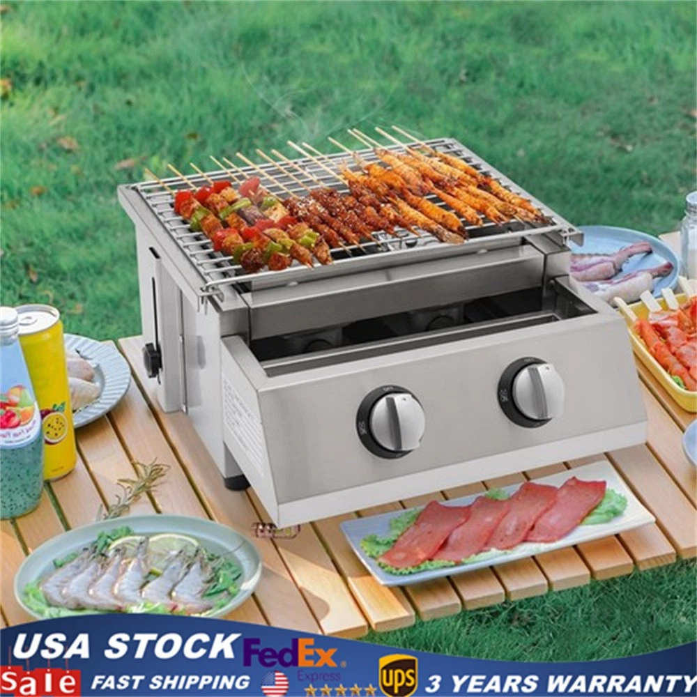 BBQ Tabletop Portable 2 Burner Gas Grill Camping Griddle Picnic Outdoor Grill
