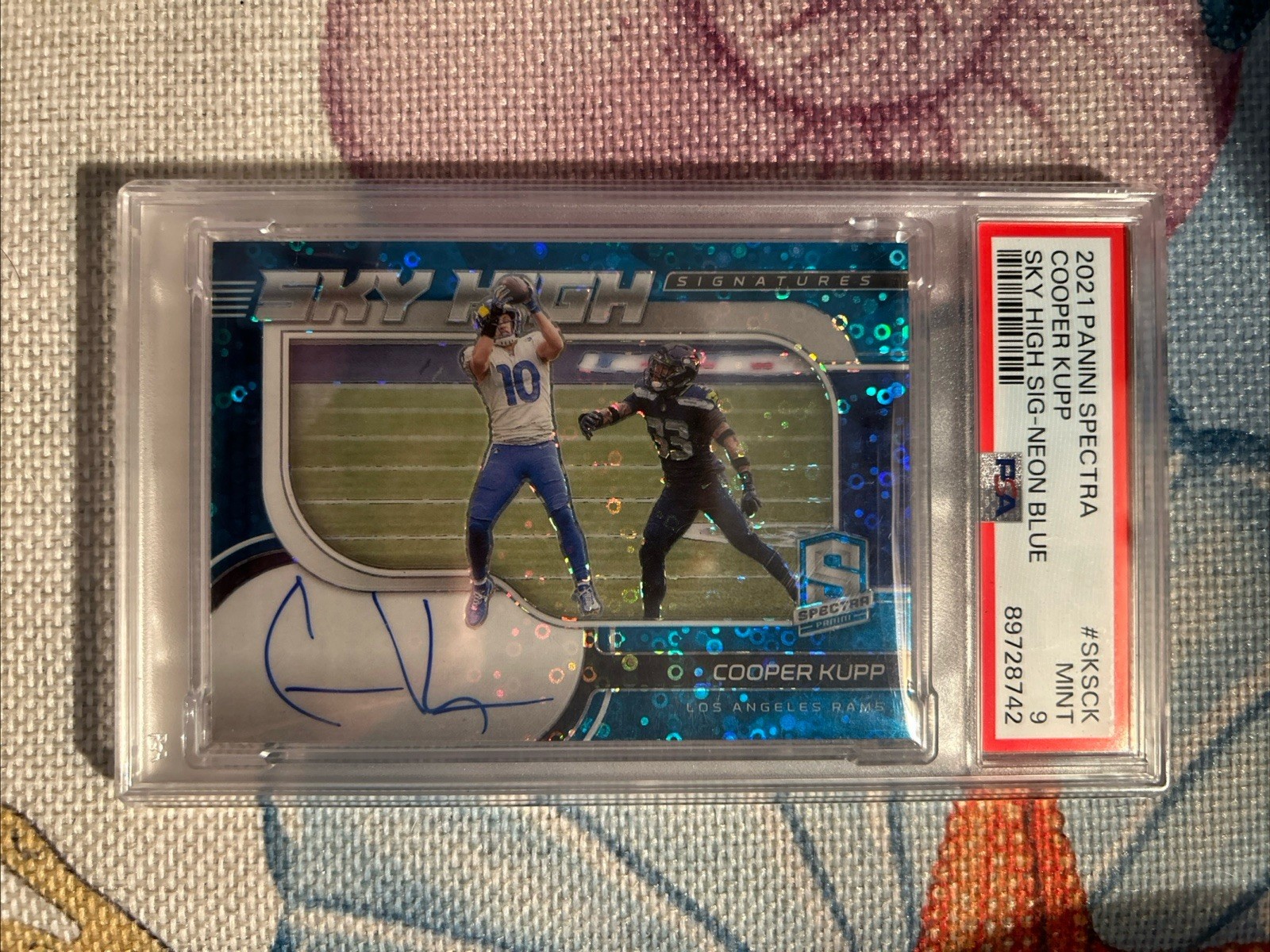 2021 Panini Spectra Cooper Kupp SKY HIGH AUTO Neon Blue /25 PSA 9 POP 2 view 1