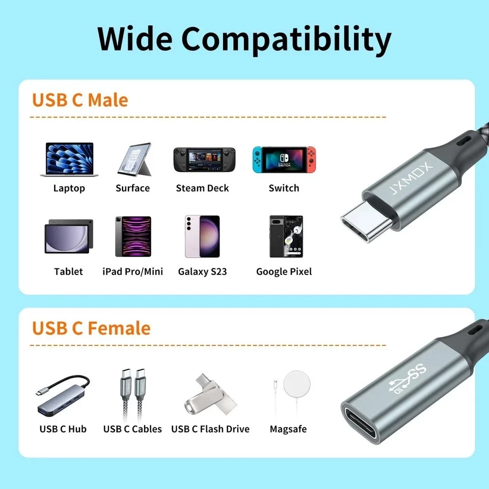 USB-C Type C Extension Cable (3.3Ft/1m/10Gbps) Male-Female 100W 5A Fast Charging - Image 2 of 4