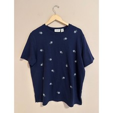 Vintage Navy Blue Ribbed Knit Daisy Embroider...