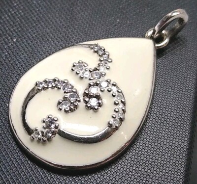 E. PEARL Sterling Silber .925 Elfenbein/Cremefarben Emaille Strass Tropfen Anhänger!