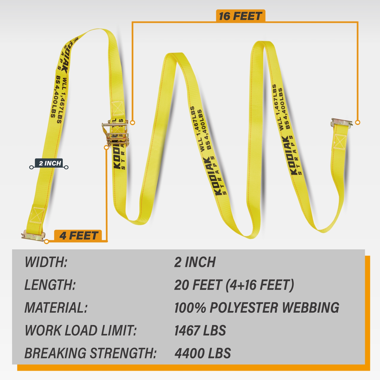 KODIAK 2 Pack 2"x20' E Track Ratchet Straps, Tie Down Straps, BS - 4400lbs