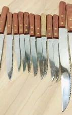 VTG 1970 17 PCS. KITCHEN CUTLERY SET STAINLESS STEEL JAPAN GENUINE WOODEN HANDLE