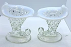 Fenton Hobnail Opalescent Glass Cornucopia Pair Candlesticks 4 Inch EUC