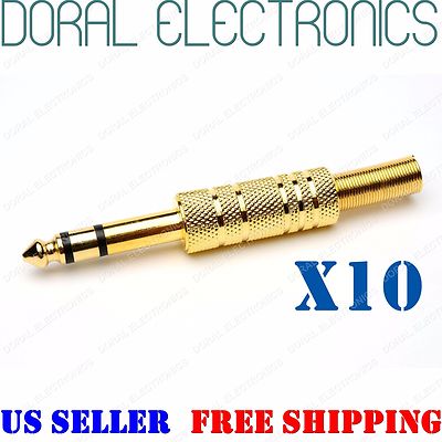 10 pack 1/4'' 6.35mm gold male stereo audio cable jack connector plugs TRS 6.3mm