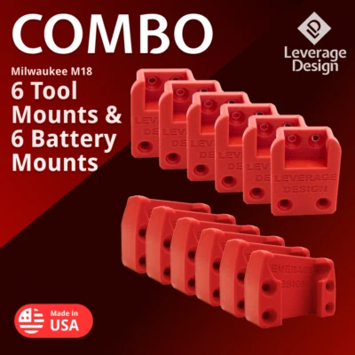 COMBO: 6 / 6 HEAVY DUTY Milwaukee M18 TOOL and Battery Holders Mount MADE IN USA