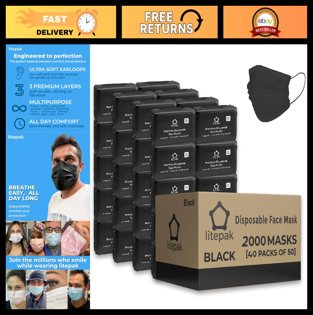 2000 Disposable Face Masks - 3-Ply Breathable Adult Masks - Black, 40 Packs of 5