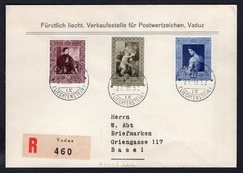 LIECHTENSTEIN 1952 FDC Cover. Registered to Switzerland