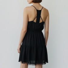 Forever 21 Black Tiered Mini Dress Babydoll Cami Pom Pom Hem M Boho Summer Y2K