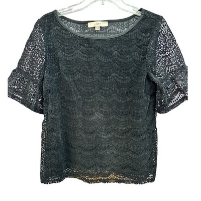 LOFT Black Lace Overlay Short Sleeve Top Sheer Blouse Womens Small